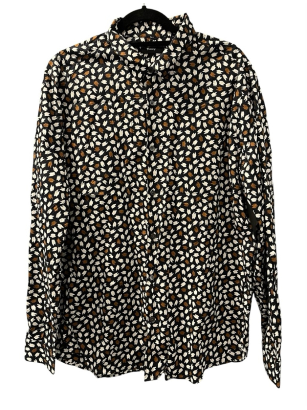 Theory Men's Irving Button Down Shirt Black White Leaf Print 2XL Casual Pattern